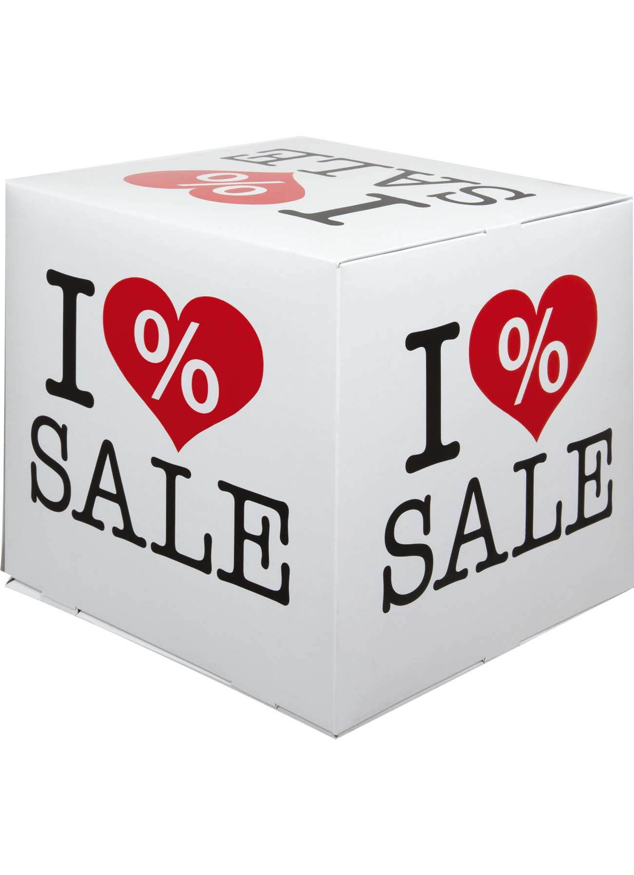 Würfel, Karton, 23x23x23 cm, weiß/rot/sc I love SALE