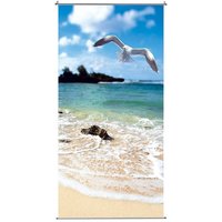 "Fabric banner flying seagull on the beach"