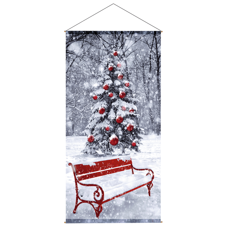 "Fabric banner red winter bench"