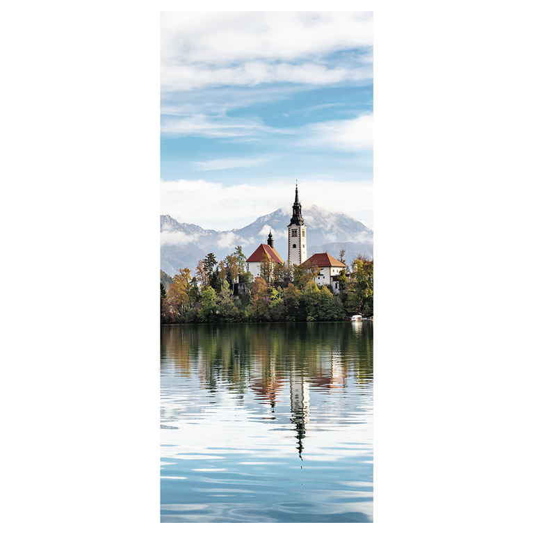"Fabric banner ""Mountain motif with church at the lake"" made of flag fabric 75 x 180 cm"