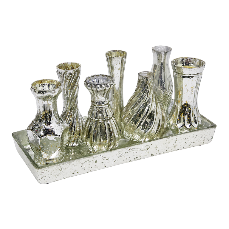 Vasen+Tablett Glas 8tlg.silber