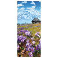 "Fabric banner ""Alpine hut, mountains and purple crocuses"" made of flag fabric 75 x 180 cm"