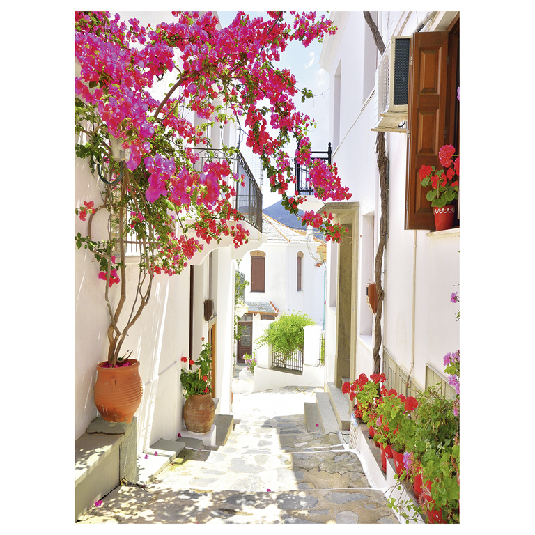 "Flame retardant fabric banner ""mediterranean alley with bougainvillea"