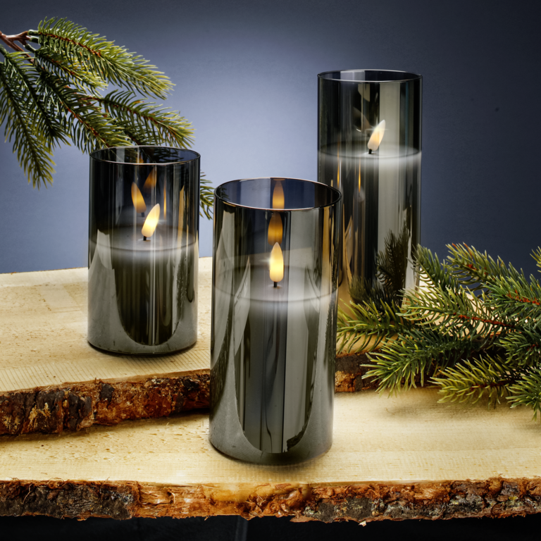 "LED glass candles 3 pieces grey 17,50 cm, 7,5 cm Ø"