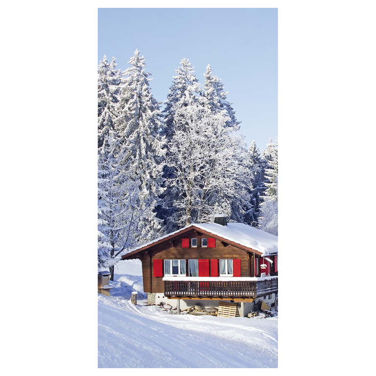 "Fabric banner ""Ski hut with red shutters"" 100 x 200 cm"
