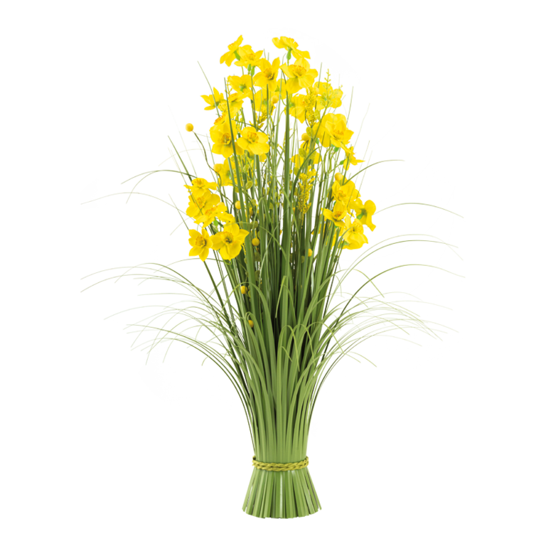 Bundle of grass with daffodil flowers