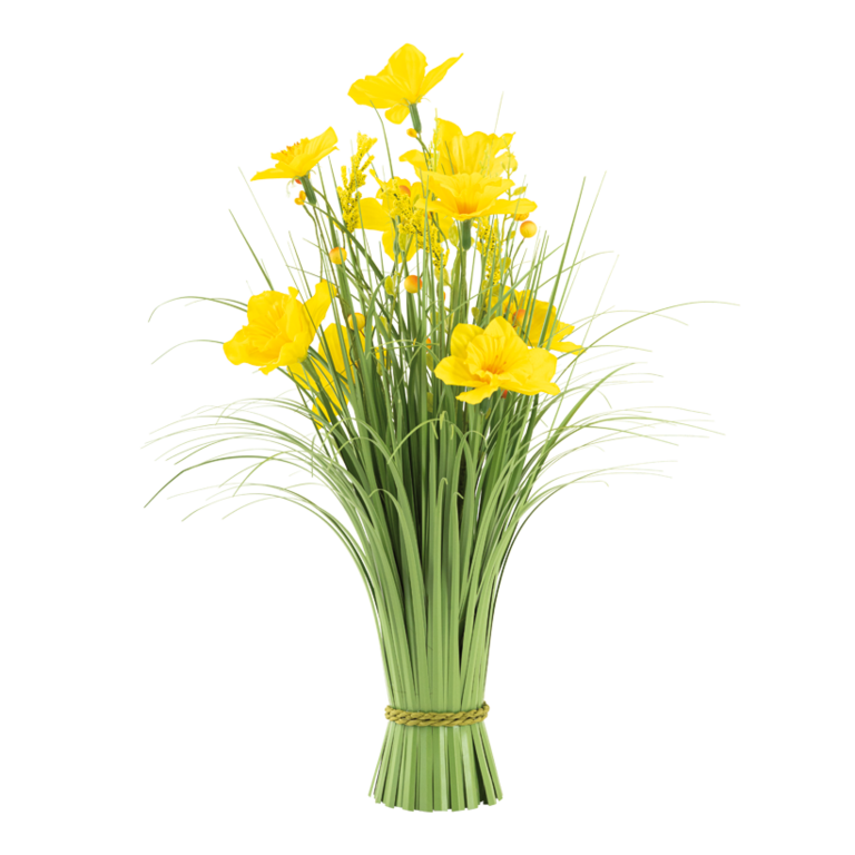 Bundle of grass with daffodil flowers