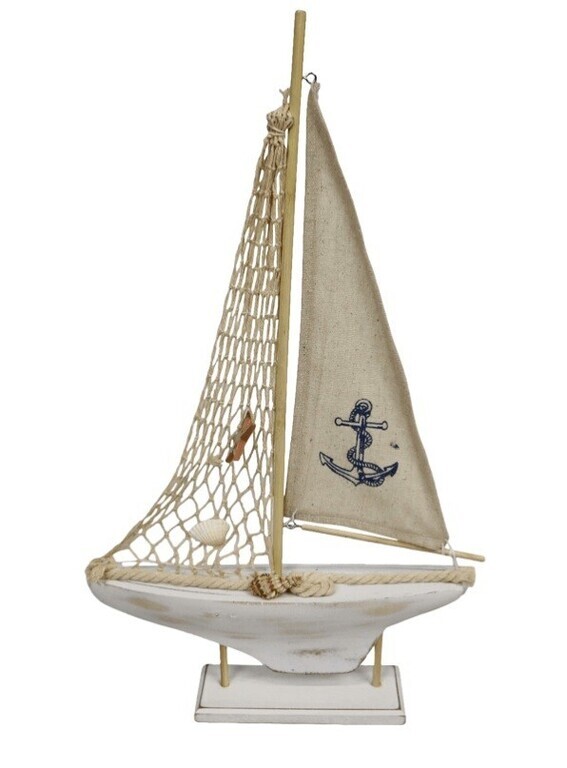 "Decorative wooden sailing ship, white, 47 cm"